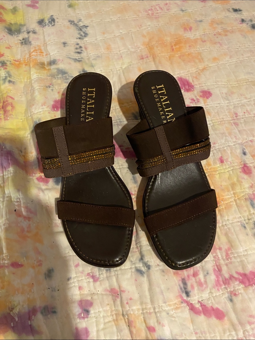 Italian Shoemakers Brown Wedge Sandall embellished Golden Brown beading S 8